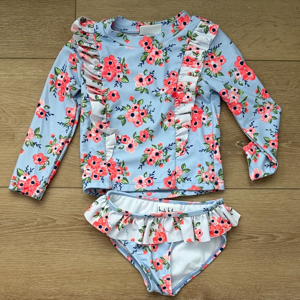 Toddler Girl Blue Floral Ruffle Rash Guard Set